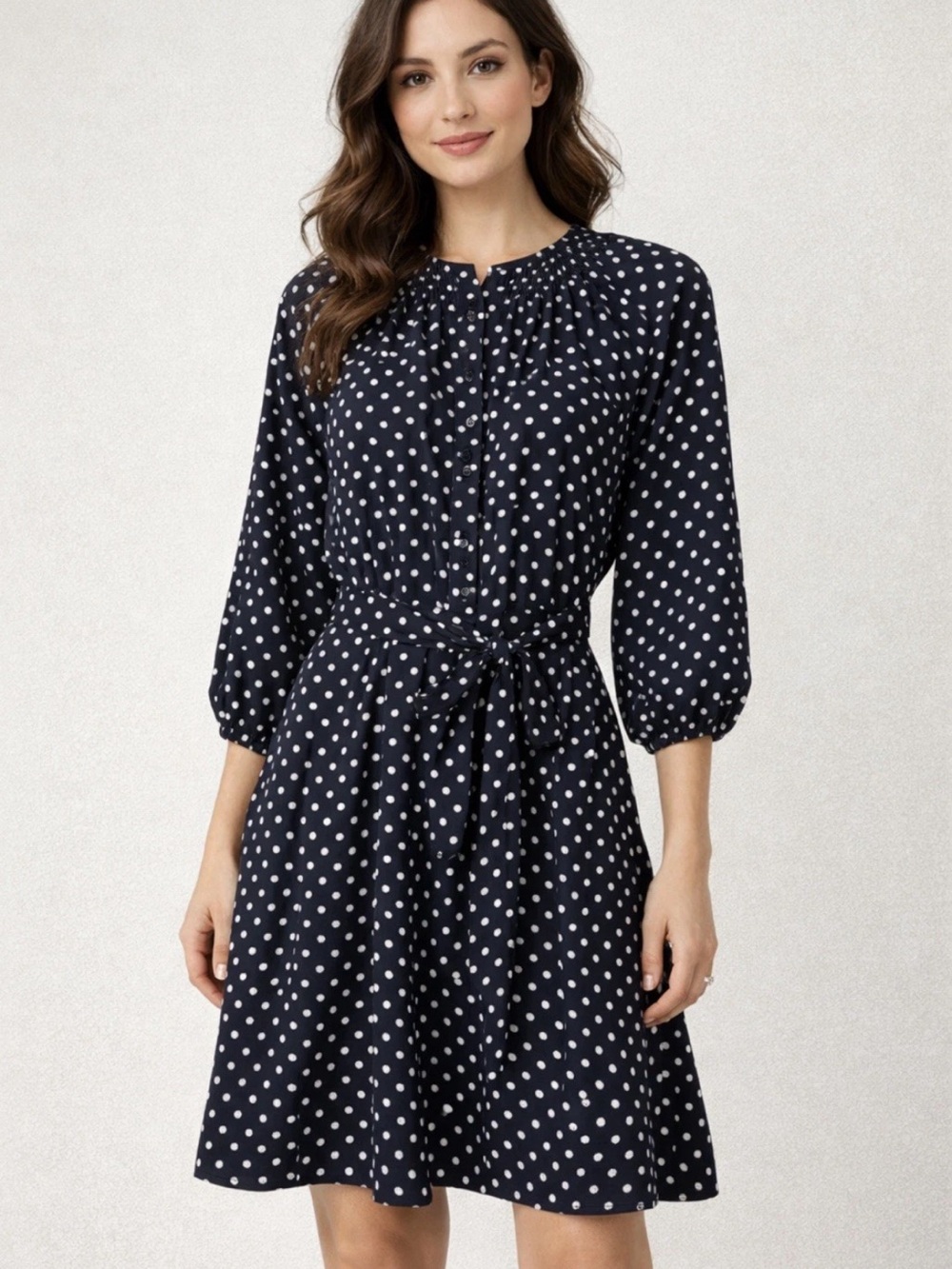 Maeve Navy and White Polka Dot Long Sleeve Tie-Waist Dress